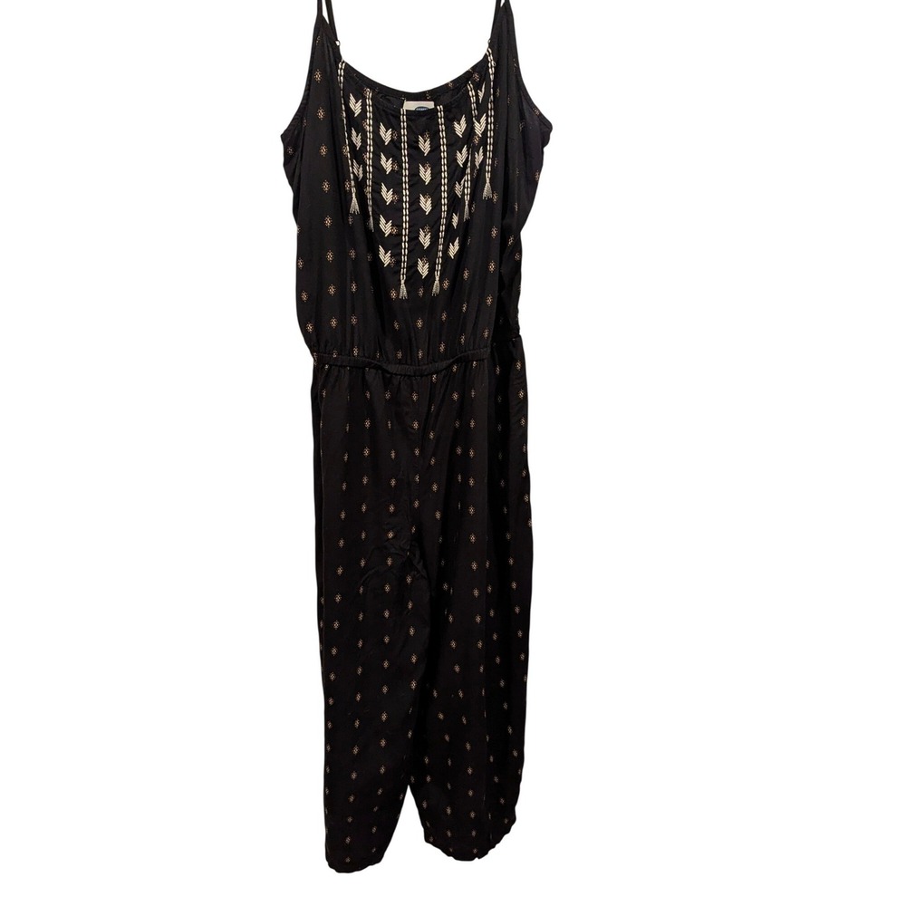 OLD NAVY Black Boho‎ Embroidered Jumpsuit Cropped Legs Elastic Waist Size L